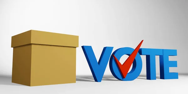 Wahlbox Mit Leerem Etikett Und Blauem Textvotum Mit Rotem Häkchen — Stockfoto