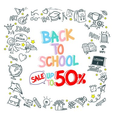 Okul kırtasiye malzemeleri ürünleri indirimli karalama simgeleri şablon arka planı. El çizimi çizgi film eğitim işareti ve beyaz arkaplanda izole edilmiş simgeler