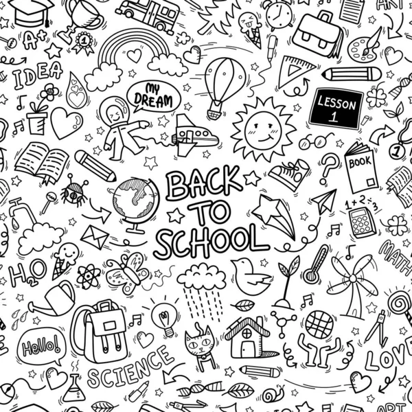 Volver Escuela Doodle Iconos Fondo Patrón Sin Costuras Señal Educación — Vector de stock