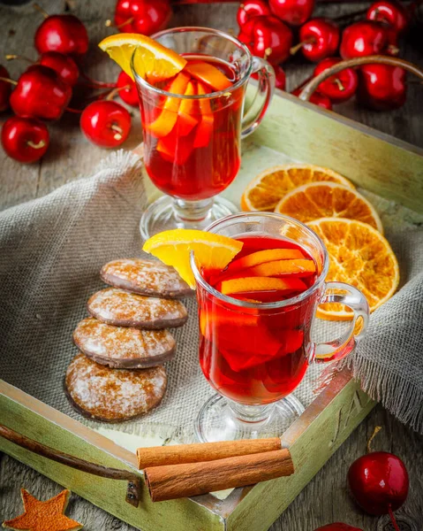 Christmas Cookies Mulled Wine Wooden Background — Stock Photo, Image