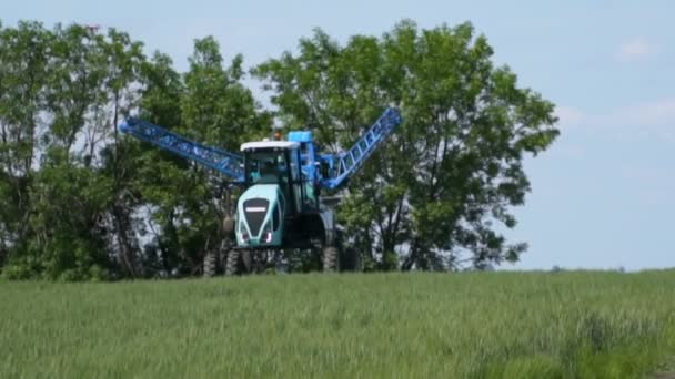 Tractor Bevrijgt Het Veld Vernietigt Ongedierte Het Gewas — Stockvideo