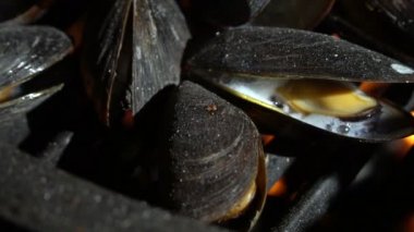 ızgarada midye pişirme, kavurma midye, kömürler üzerinde midye