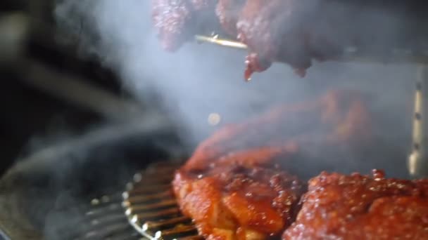 Rostning Kött Grillen Kött Kol Matlagning Kebab — Stockvideo