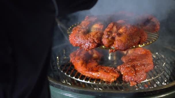 Fleisch Auf Dem Grill Fleisch Auf Den Kohlen Spieße Kochen — Stockvideo