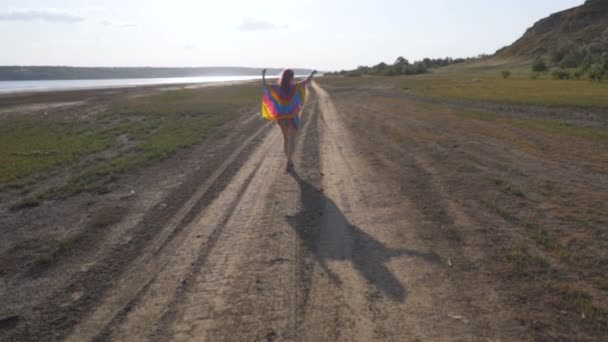 Beautiful Girl Multi Colored Dress Goes Road Sunset Hippie Style — Stock Video