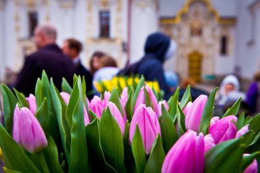 Sokakta bir buket lale. 