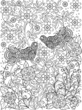 sayfayı kuş ve çiçek zentangle tarzı yetişkin anti-stres için boo boyama