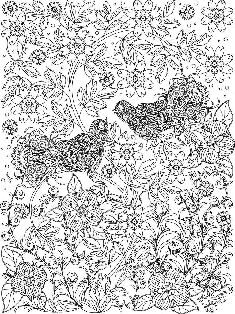 coloring page with birds and flower in zentangle style for adult anti-stress boo