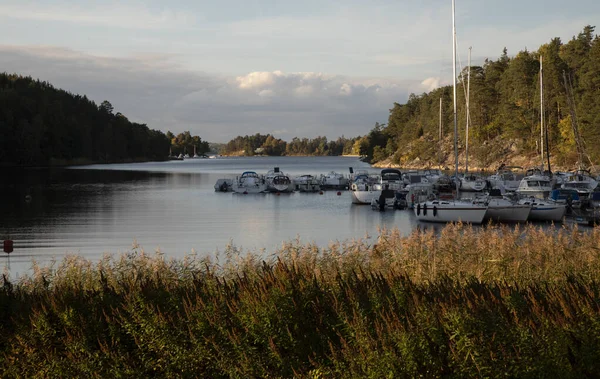 Yachts and boats on the autumn lake