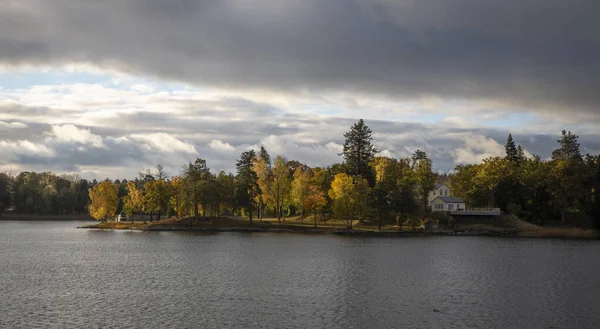 Suécia Lake Shore Árvores Com Folhagem Outono Amarelo Sob Céu — Fotografia de Stock