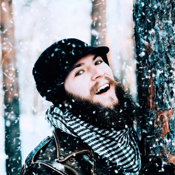 Outdoor Close Portrait Cheerful Handsome Joyful Bearded Man Enjoying Snowfall — Stock Photo, Image