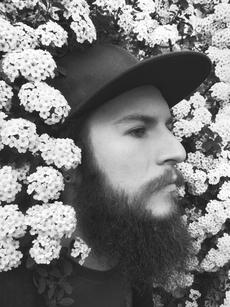 Young Brutal Bearded Man Spring Flowering Tree Black White Portrait — Stock Photo, Image