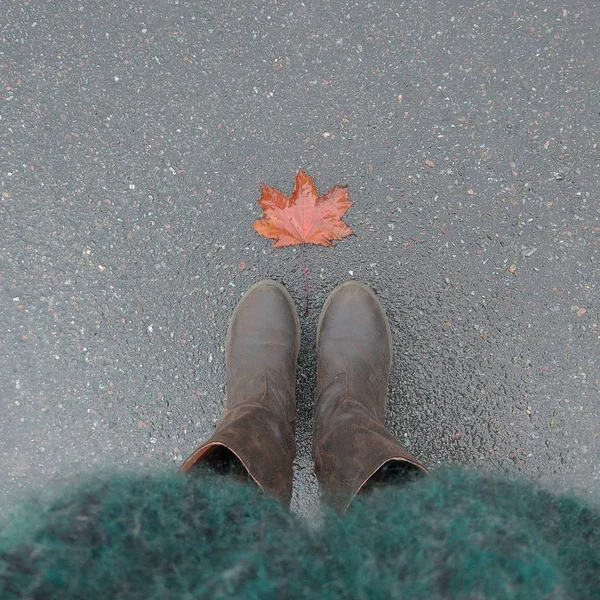 Top View Red Autumn Maple Leaf Woman Shoes — Stock Photo, Image