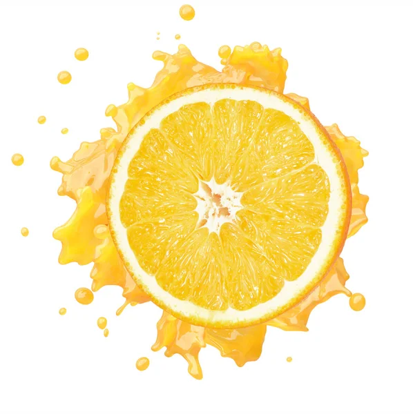 Orangenfrucht mit Saftspritzer auf weißem Hintergrund — Stockfoto