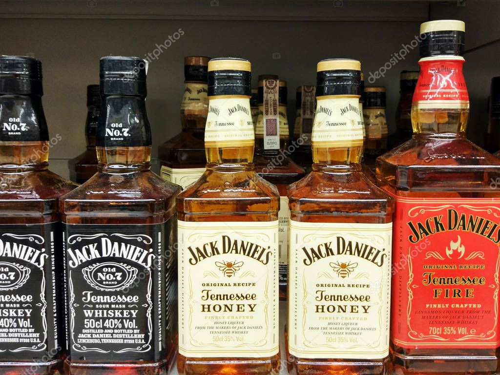 POZNAN, Poland - May 8, 2018: Bottles of Jack Daniel's, a brand of the best selling American whiskey in the world, produced by the Jack Daniel Distillery and owned by the Brown-Forman Corporation