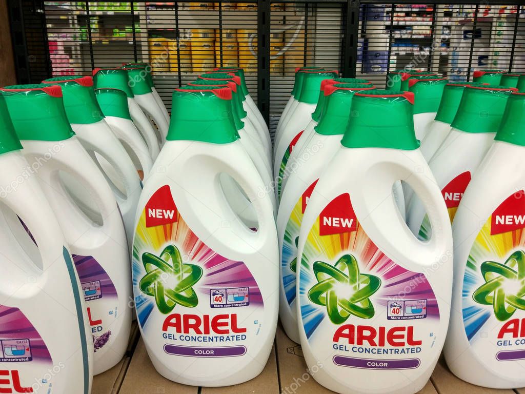 POZNAN, Poland - May 8, 2018: Closeup of gel laundry detergent bottle from Ariel brand