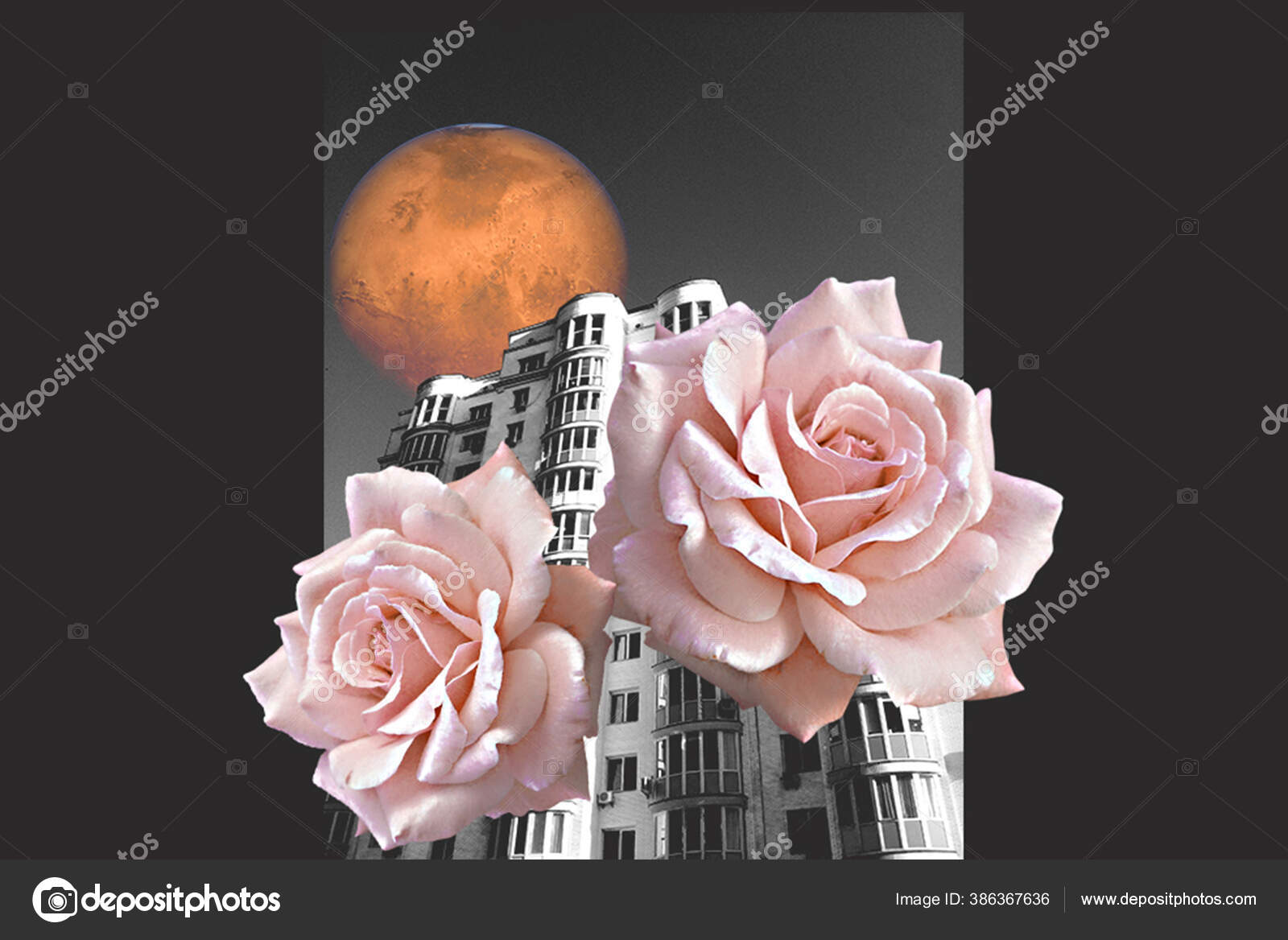 Collage d'art. Bâtiment moderne avec fleurs roses et planète rouge — Photo  de stock par ©on-the-rhythm - 386367636, image size:1600x1168