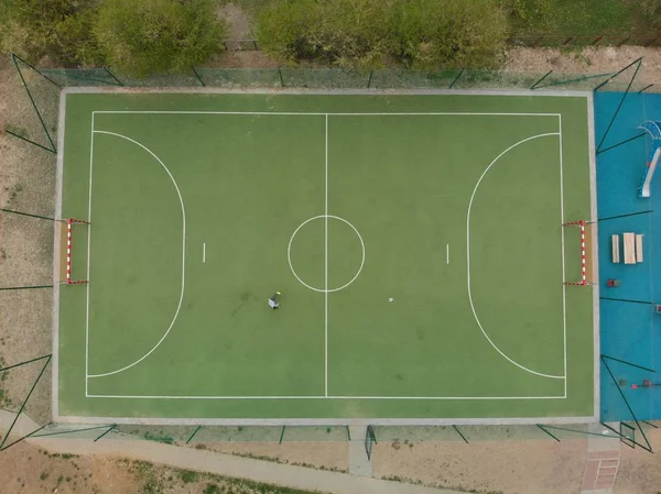 Aerial Top Image Football Pitch Boy Playing Soccer Alone Kicking — Stock Photo, Image