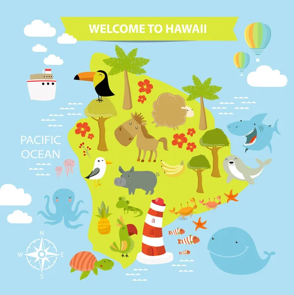 Hawaii Haritası hayvanlarla. Poster çocuklar için. Hawaii hoş geldiniz