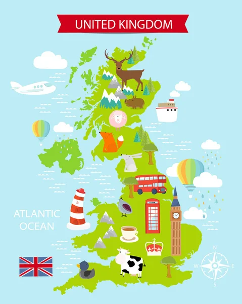 一张英国地图 上面有动物和名胜古迹 儿童海报 — 图库矢量图片