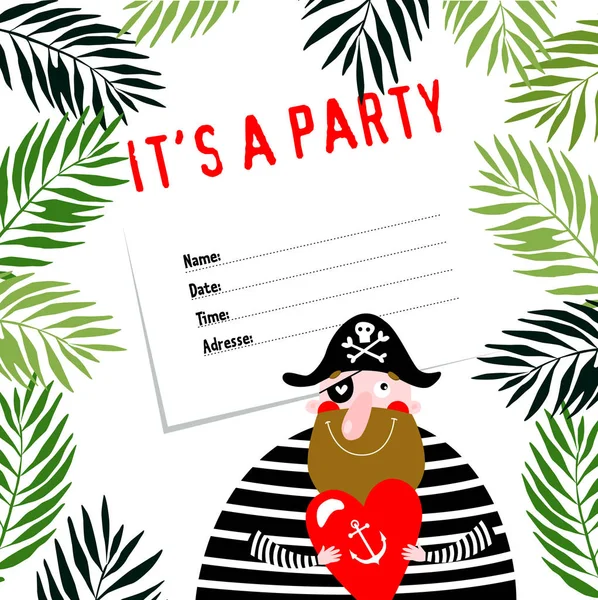 Invitation Une Fête Pirates Anniversaire Dessin Animé Pirate Drôle — Image vectorielle