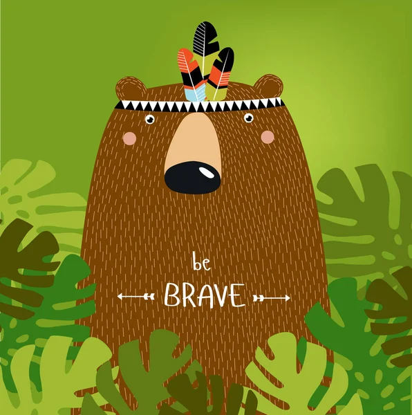 ポスター 勇気ある 漫画のクマ 緑の背景 熱帯地方 ヒグマはインド — ストックベクタ