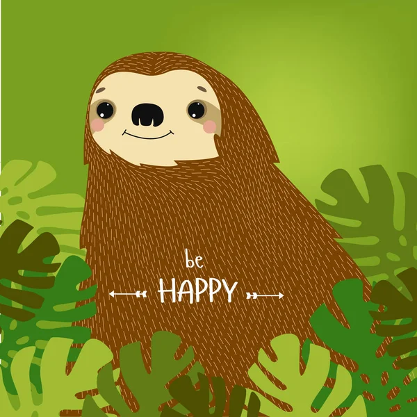 Poster Happy Cartoon Sloth Tropics Leaf Palm Tree Summer — Stock Vector
