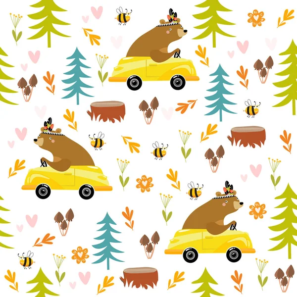 森林无缝的背景 熊在森林里 森林动物 坐在车里 — 图库矢量图片