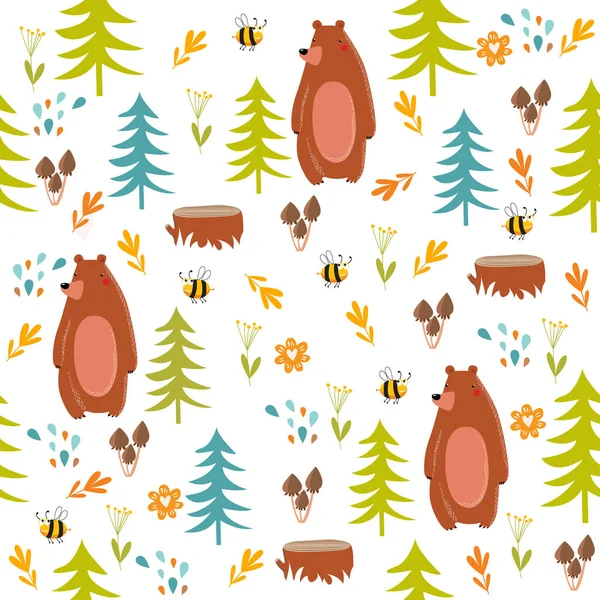 Floresta Fundo Sem Costura Urso Floresta Animal Floresta Natureza Verão —  Vetores de Stock