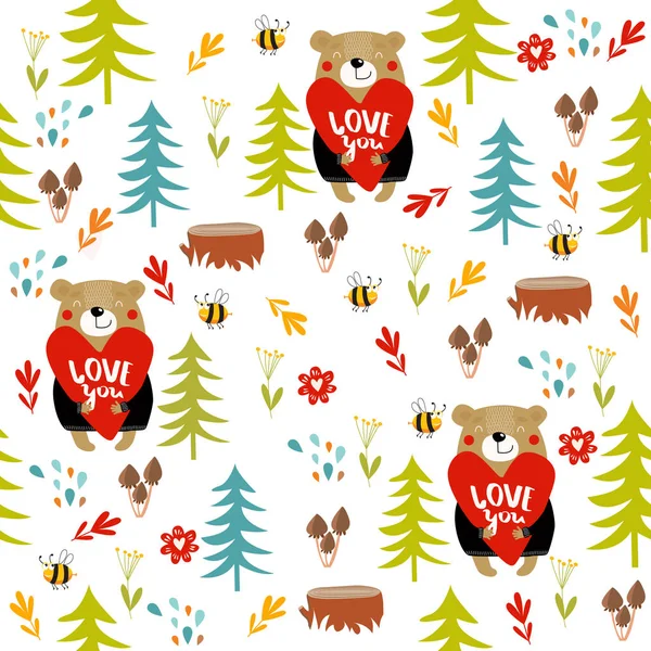 Forest Seamless Background Bear Forest Forest Animal Nature Summer Cartoon — Stock Vector