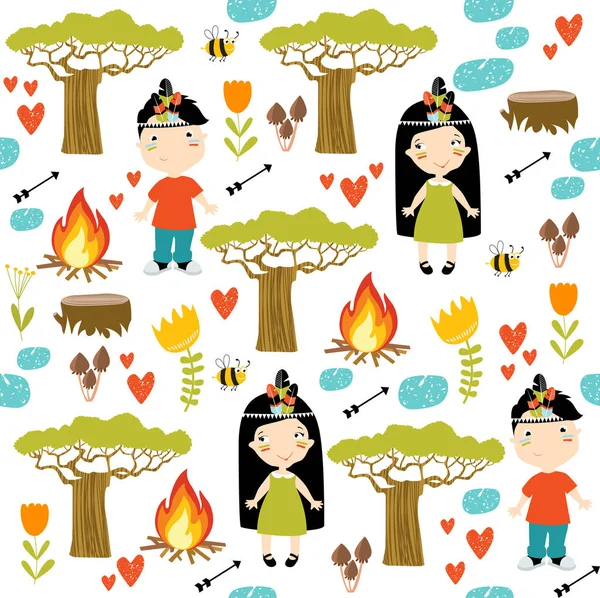 Fondo Del Bosque Vectorial Niños Bosque Niños Campamento Indios Niña — Vector de stock