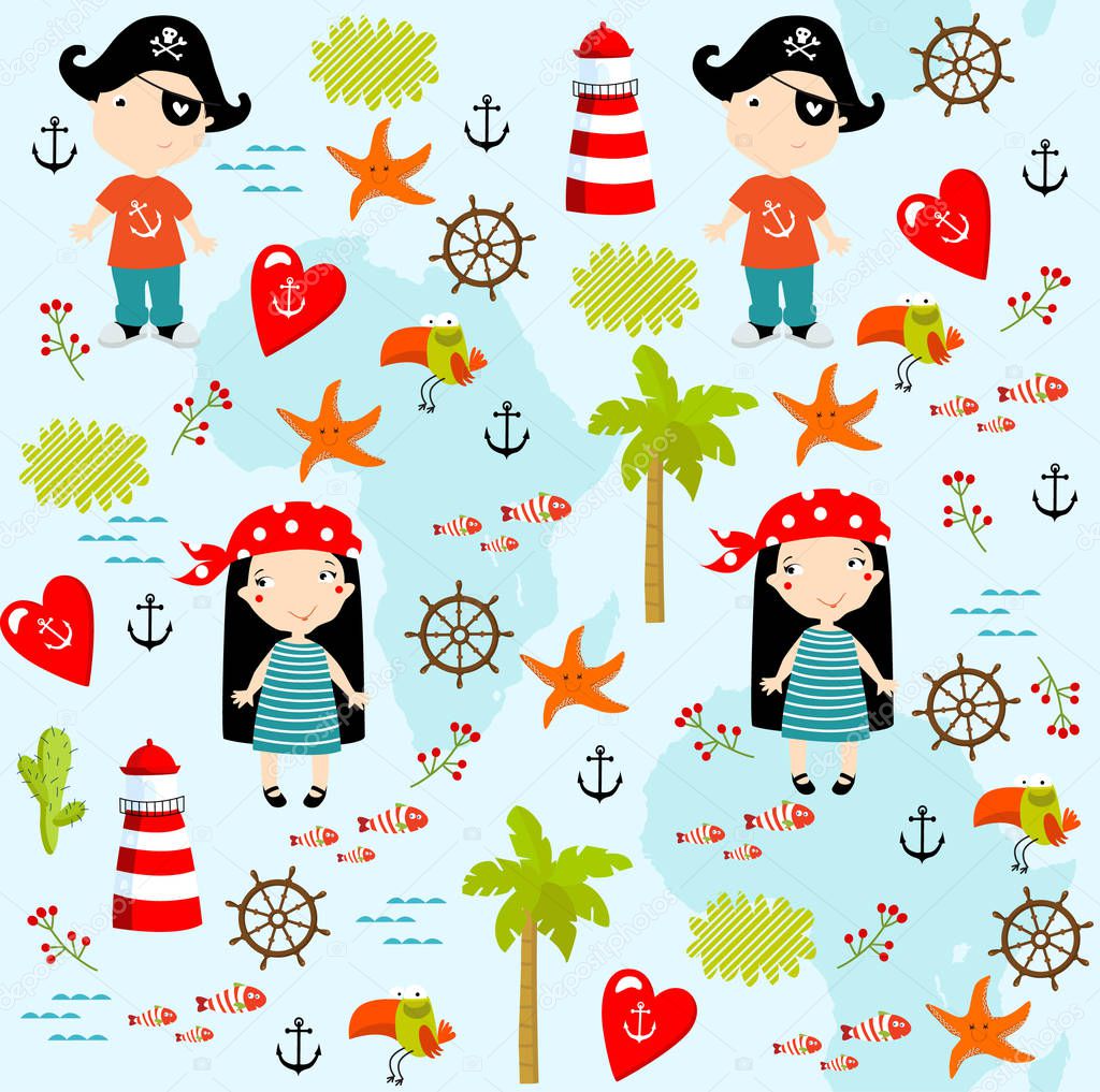 Vector pirate marine background. Teenagers. Can be printed on fabric. pirate Party. birthday. Children in pirate costumes.