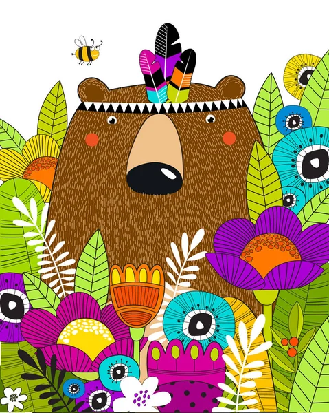 Cartel Vectorial Con Oso Flores Tropicales Brillantes Personaje Dibujos Animados — Archivo Imágenes Vectoriales