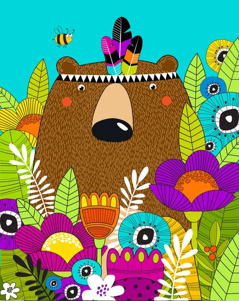 Vector Poster Bear Bright Tropical Flowers Cartoon Character Bear Hides — Stock Vector