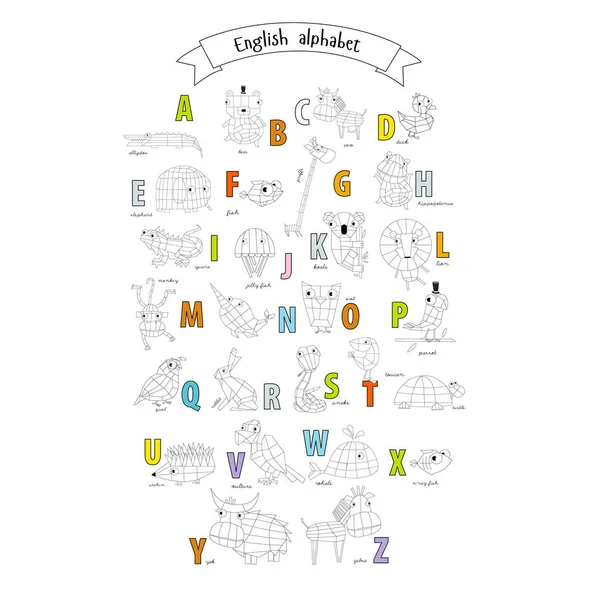 Skvělé Zbarvení Pro Děti Zvířaty Anglická Abeceda Zvířaty Kreslená Zvířata — Stockový vektor