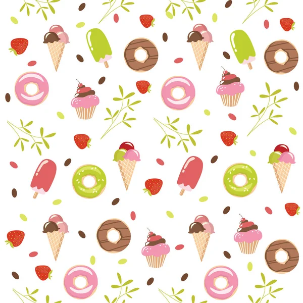 お菓子のベクトルの背景 ストロベリー ベリー アイスクリーム ドーナツ 夏の背景 食べ物 — ストックベクタ