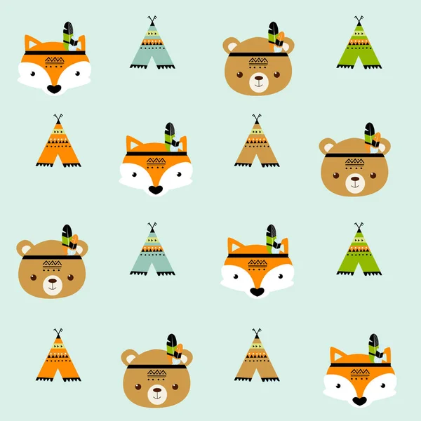 Modèle Vectoriel Scandinave Animaux Renard Ours Wigwam Montagnes Ascète Aztèque — Image vectorielle