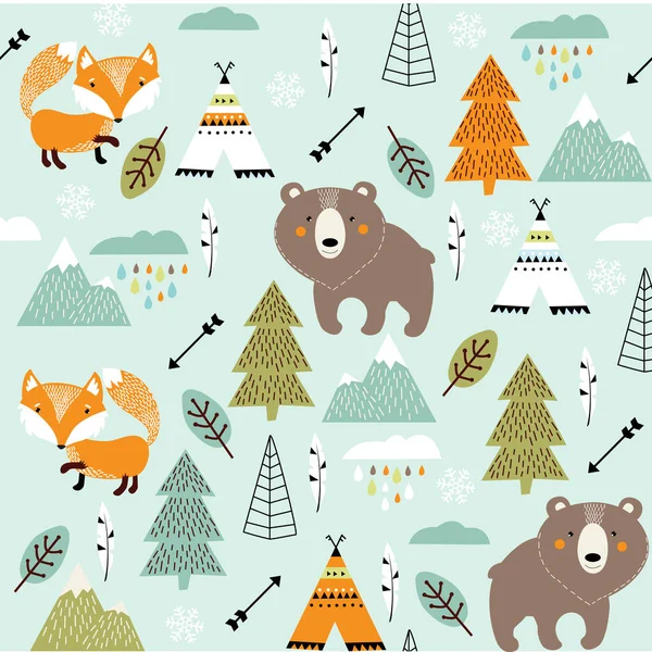 Modèle Vectoriel Scandinave Animaux Renard Ours Wigwam Montagnes Ascète — Image vectorielle