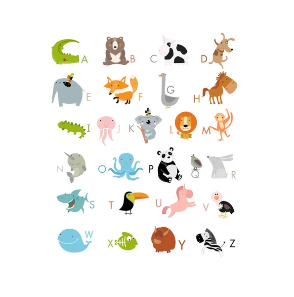 Vecteur Alphabet Anglais Avec Des Animaux Mignons Crocodile Ours Baleine — Image vectorielle