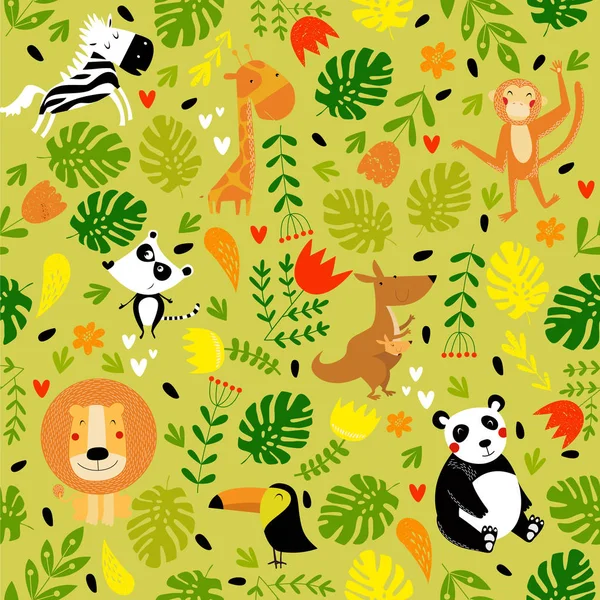 Patrón Tropical Con Animales León Panda Tucán Canguro Cebra Mono — Vector de stock