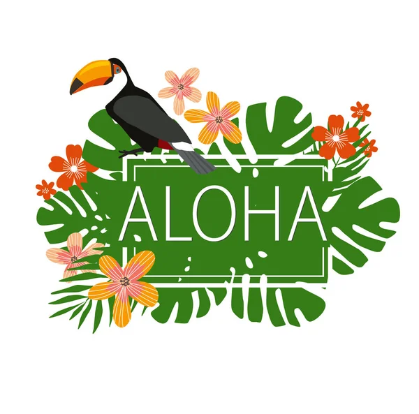 Heldere Vector Florale Banner Lettertype Vector Illustratie Van Toucan Aloha — Stockvector