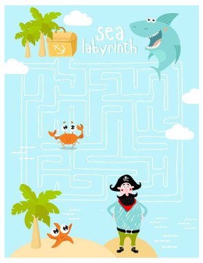 Print. Labyrinths. Find the treasure. The pirate is looking for a treasure. A game for children. clipart