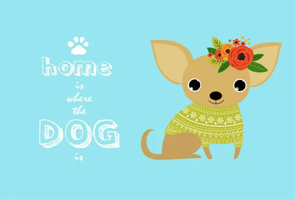 Une Empreinte Affiche Typographie Vectorielle Avec Chien Chiot Mignon Maison — Image vectorielle