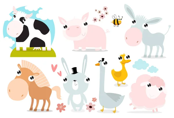 Impresión Set Vectores Con Mascotas Granjas Animales Vaca Cerdo Burro — Vector de stock