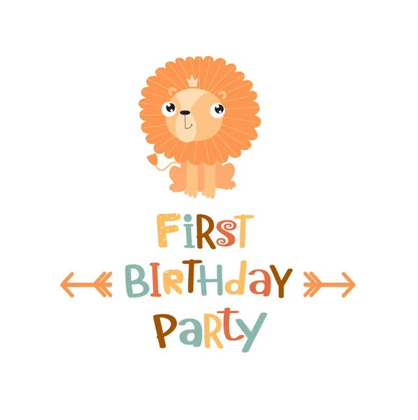 Print Vector Poster Lion Phrase First Birthday Party — Stock Vector