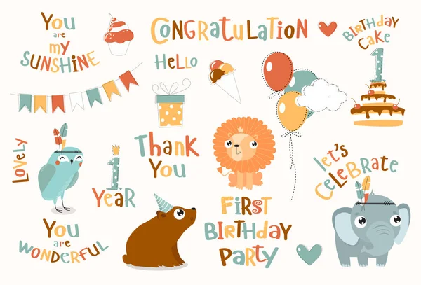 为孩子生日而设定的向量 一周岁可爱的动物 卡通老鼠 猫头鹰 喜庆的蛋糕 励志的短语 你真漂亮 第一个生日宴会 恭喜你 — 图库矢量图片