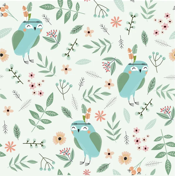 Print Cute Floral Pattern Flower Owl Seamless Vector Texture Elegant — Stock Vector