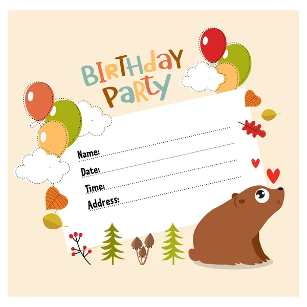 Print Vector Invitation Birthday Party Little Cartoon Bear Kids Party — Stock Vector