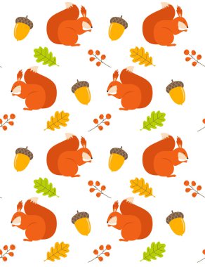 Yazdır. Çizgi filmlerdeki sincapların vektör deseni. Sonbahar deseni. Orman arkaplanı.