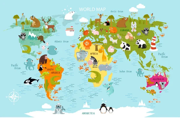Afdrukken Vector Kaart Van Wereld Met Cartoon Dieren Voor Kinderen — Stockvector